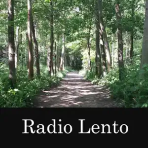 Path through sun-dappled woodland with Radio Lento title.